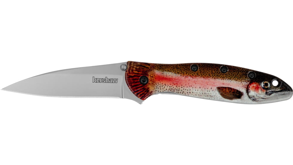 Kershaw 1660TROUT Leek Trout, 3in, 14C28N Steel, Drop Point Blade, Bead Blasted Finish, Silver Blade, UFI Coated Rainbow Trout Handle, 1660TROUT