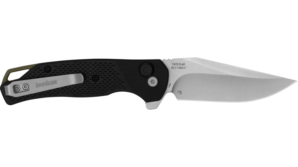 Kershaw Runoff, Folding Knife, 3.1" Clip Point Blade, Plain Edge, 8Cr13MoV Blade Steel, 7.15" Overall Length, Button Lock, Stone Washed Finish, Silver, Black Glass Filled Nylon Handle, 1429