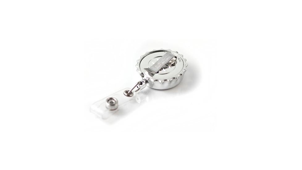 Key-Bak Retract-A-Badge ID BOTTLE CAP Shaped 5-Pack Retractable Reel w/ 36in Cord, Belt Clip Vinyl ID Strap, Chrome 0308-743