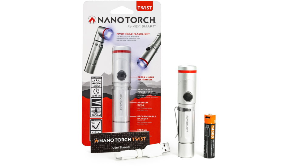 KeySmart Nano Torch Twist Pivot Head Flashlight, 600 Lumens, Silver, KS819-SVR