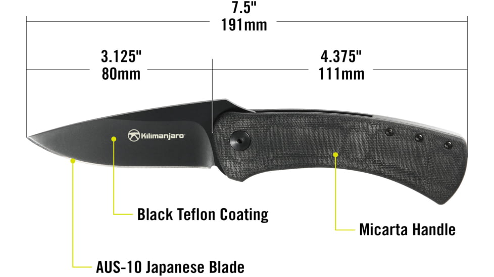 Kilimanjaro Gear AUS-10 Stainless Steel Blade DW Folder Folding Knife, Overall Length 7,5 in., Gray, 910143