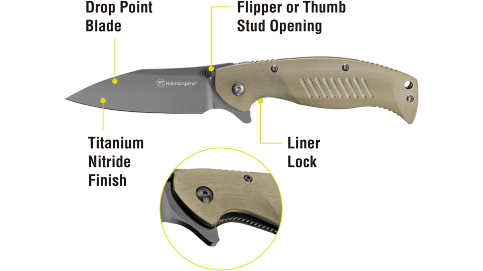 Kilimanjaro Gear Morsa Folding Knife,3.5in,Tan Wood Grain G10 , Black Plain Blade KJ910028