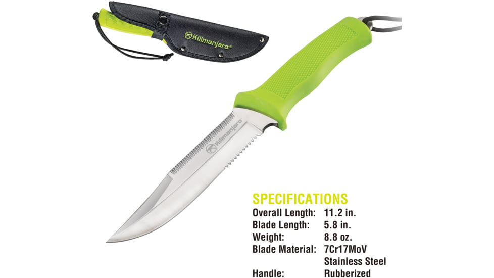 Kilimanjaro Gear Talbot Fixed Blade Knife,5.8in,Green Rubberized Handle,Clip Point ComboEdge Blade KJ910045
