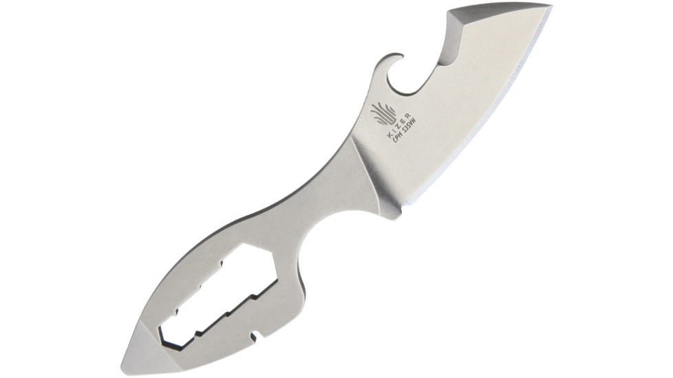 Kizer Cutlery Crocotool, 4.25in Overall, Small Blade L Bottle Opener L Can Opener L Hex/Bit Driver L Wire Cutter L Pry Bar, Satin S35Vn SS Construction, Black Kydex Neck Sheath, T111