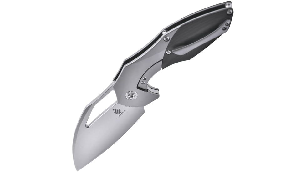 Kizer Cutlery Megatherium Left Handed Folding Knife, 4in Stonewash Cpm S35Vn SS Blade, Matte Finish Titanium Handle With Carbon Fiber Inlay, Thumb Pull, Left Hand Version, Black Nylon Case, KI4502L1