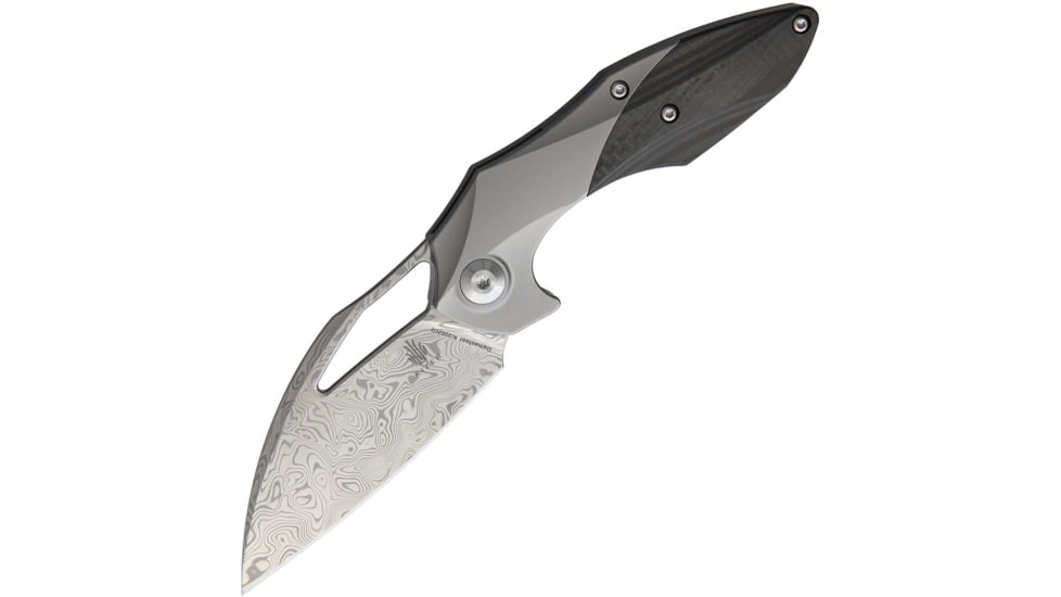 Kizer Cutlery Minitherium Framelock Folding Knife, 3in Damasteel Blade, Gray Titanium Handle w/ Carbon Fiber Inlay, Vinland Pattern Blade, Black Nylon Pouch, KI3502D2