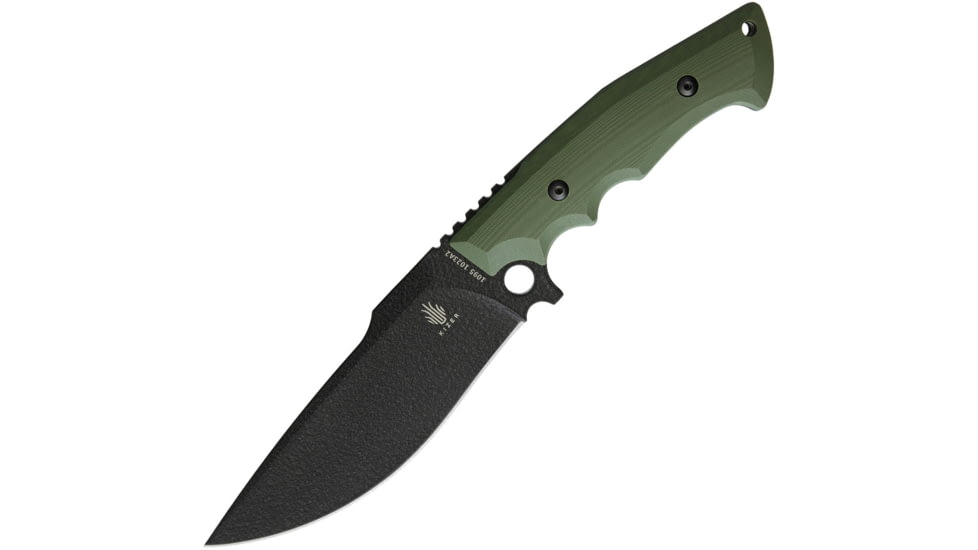 Kizer Cutlery Salient E613 Knife, Salient E613 Fixed Blade, 11.88in Overall, 6in Black Powder Coated 1095Hc Steel Drop Point, Green Finger Grooved G10 Handle, Green Kydex Sheath, KI1023A2