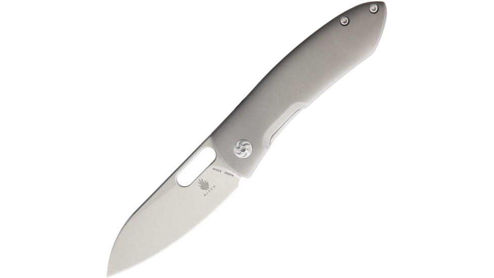Kizer Cutlery Wanderer Framelock Folding Knife, 3.5in Stonewash Cpm S35Vn SS Drop Point, Gray Matte Finish Titanium Handle, Thumb Pull, Pocket Clip, Camo Nylon Case, KI4500