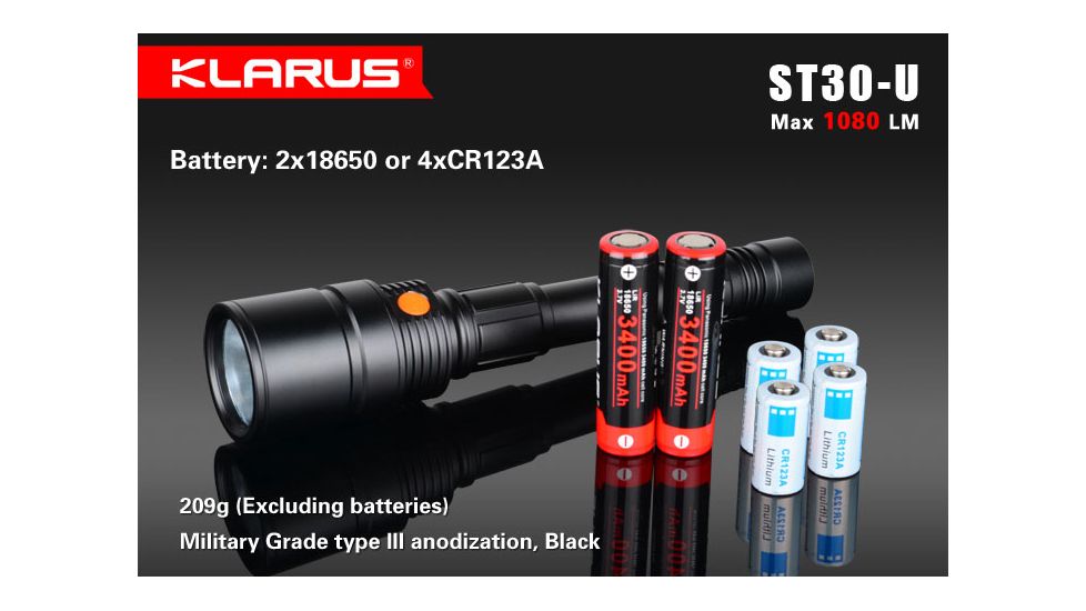 Klarus ST30-U Cree XM-L2 Waterproof LED Flashlight,Black,1080 Lumens KLARUS-ST30-U-XML2