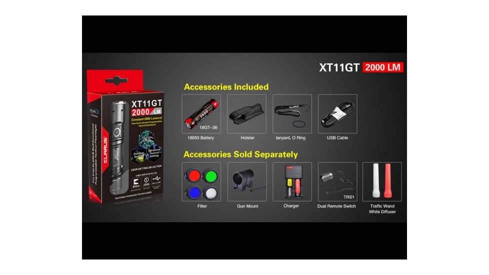 Klarus XT11GT Rechargeable Tactical Flashlight - 2000 Lumens, Black, KLARUS-XT11GT