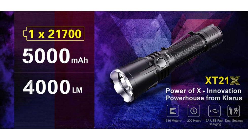 Klarus XT21X 1 x 21700 CREE XHP70.2 P2 LED Tactical Flashlight, 4000 Lumens, Black, XT21X