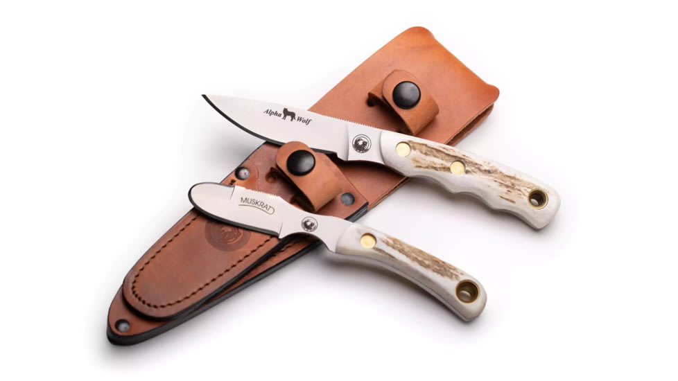 Knives of Alaska Alpha Wolf/Muskrat Combo Fixed Blade Knives, 3in/2.25in, Magnacut Stainless Steel, Drop Point/Round Tip Blade, Stag, White/Brown, 00375FG