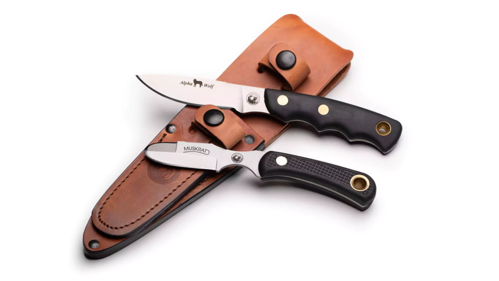 Knives of Alaska Alpha Wolf/Muskrat Combo Fixed Blade Knives, 3in/2.25in, Magnacut Stainless Steel, Drop Point/Round Tip Blade, Suregrip, Black, 00374FG