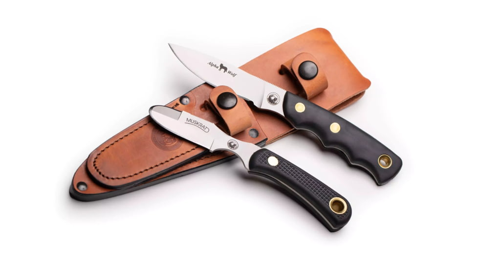 Knives of Alaska Alpha Wolf/Muskrat Combo Fixed Blade Knives, 3in/2.25in, Magnacut Stainless Steel, Drop Point/Round Tip Blade, Suregrip, Black, 00374FG