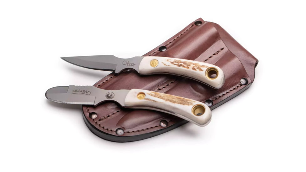 Knives of Alaska Muskrat / Cub Bear Combo Fixed Blade Knives, 2.25in / 2.75in, CPM-S30V Stainless Steel, Round Point/Caping Blade, Stag, Brown And White Sculpted Bone Handle, 00103FG