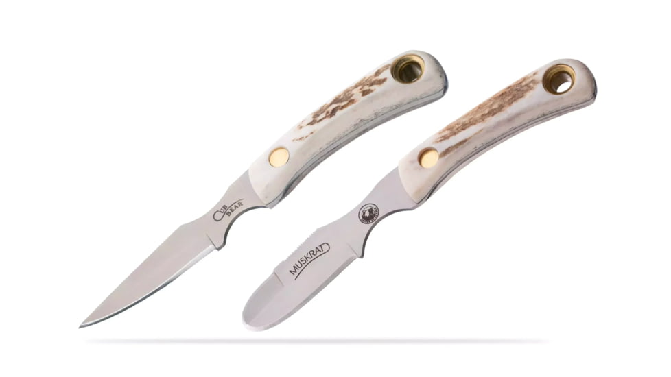 Knives of Alaska Muskrat / Cub Bear Combo Fixed Blade Knives, 2.25in / 2.75in, CPM-S30V Stainless Steel, Round Point/Caping Blade, Stag, Brown And White Sculpted Bone Handle, 00103FG