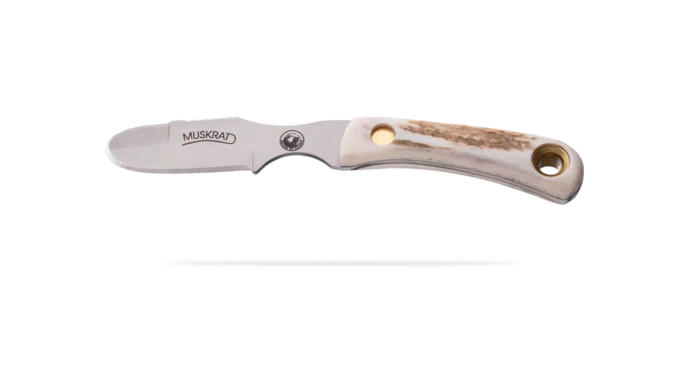 Knives of Alaska Muskrat Fixed Blade Knife, 2.25in, Magnacut Stainless Steel, Round Tip Blade, Stag, White/Brown, 00056FG