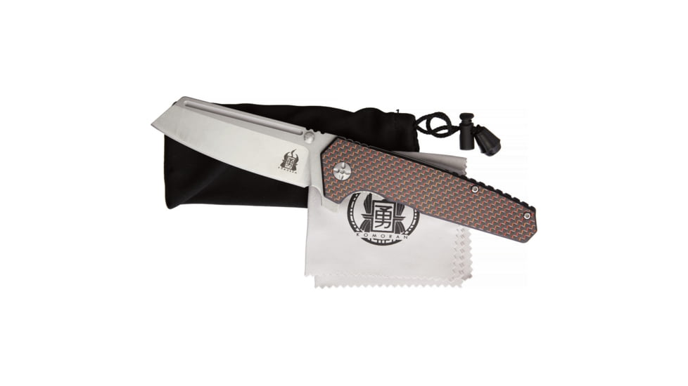 Komoran Linerlock Red Carbon Fiber Folding Knife, 3.5in Stonewash SS Blade, Black G10 Handle With Black/Red Carbon Fiber Onlay, Thumb Stud, Pocket Clip, QRFEB01 / KO021