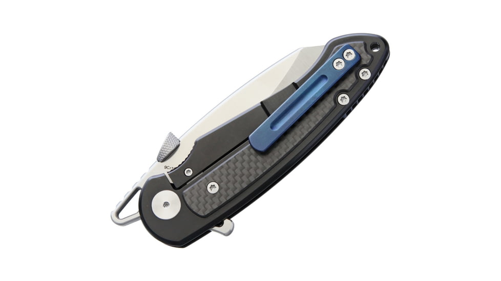 Krudo VICE Framelock Folding Knife, 3.5in Satin 9Cr18Mov SS Blade, Black SS Handle With Carbon Fiber Inlay, Pocket Clip, Thumb Wedge, KVCE243
