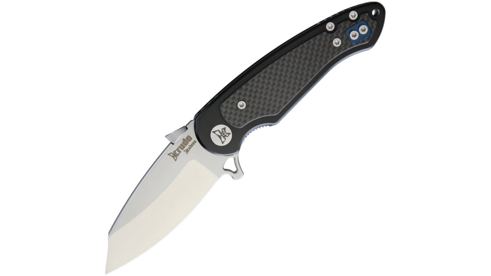 Krudo VICE Framelock Folding Knife, 3.5in Satin 9Cr18Mov SS Blade, Black SS Handle With Carbon Fiber Inlay, Pocket Clip, Thumb Wedge, KVCE243
