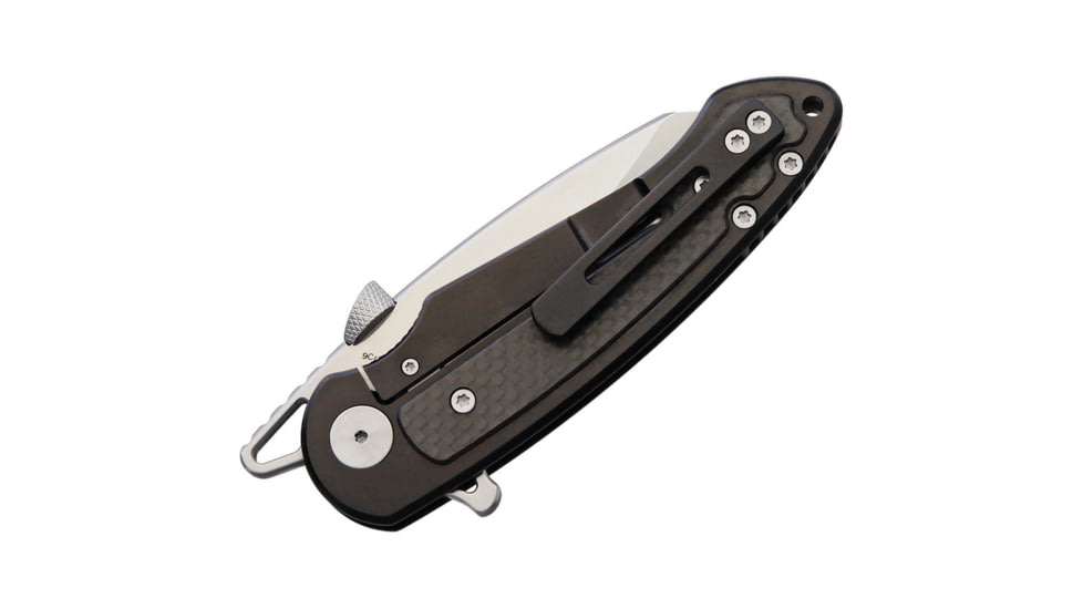 Krudo VICE Framelock Folding Knife, 3.5in Satin 9Cr18Mov SS Blade, Black SS Handle With Carbon Fiber Inlay, Thumb Disk, Pocket Clip, KVEC030
