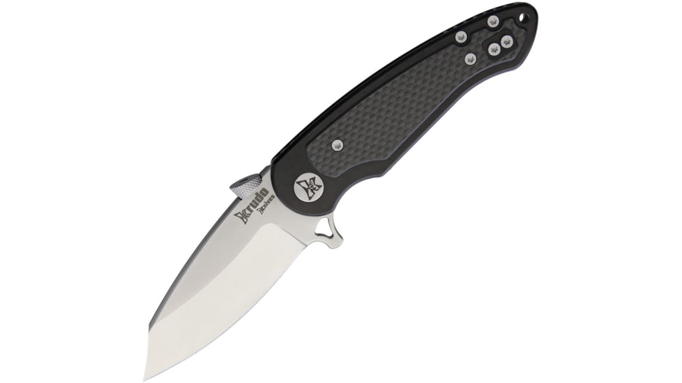 Krudo VICE Framelock Folding Knife, 3.5in Satin 9Cr18Mov SS Blade, Black SS Handle With Carbon Fiber Inlay, Thumb Disk, Pocket Clip, KVEC030
