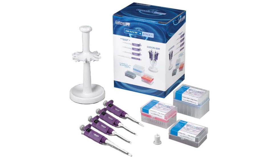Labnet BioPetteA 4 Pack Starter Kit - 4 Pipettes,0.5-10ul,2-20ul,20 to 200ul,100-1000ul,3 Racks of BioFree tips and 6 Place Carousel Stand P3960-SK4