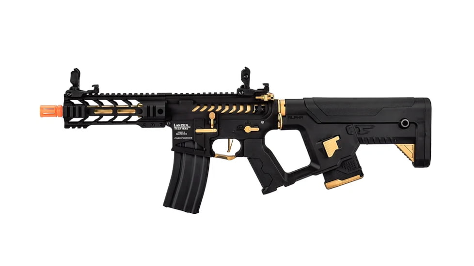 Lancer Tactical Proline Enforcer Battle Hawk 7in Skeleton M4 AEG Rifle w/ Alpha Stock, Black/Gold, LT-34BCG7-G2-ME
