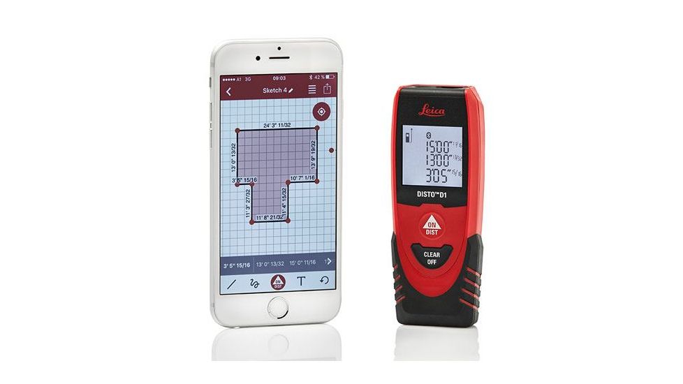 Leica DISTO D1 - Bluetooth 4.0, 130ft Range, 1/16in Accuracy, Works with Free DISTO Sketch App, Red/Black, 4.53in x 1.71in x 0.93in, NSN none, 846805