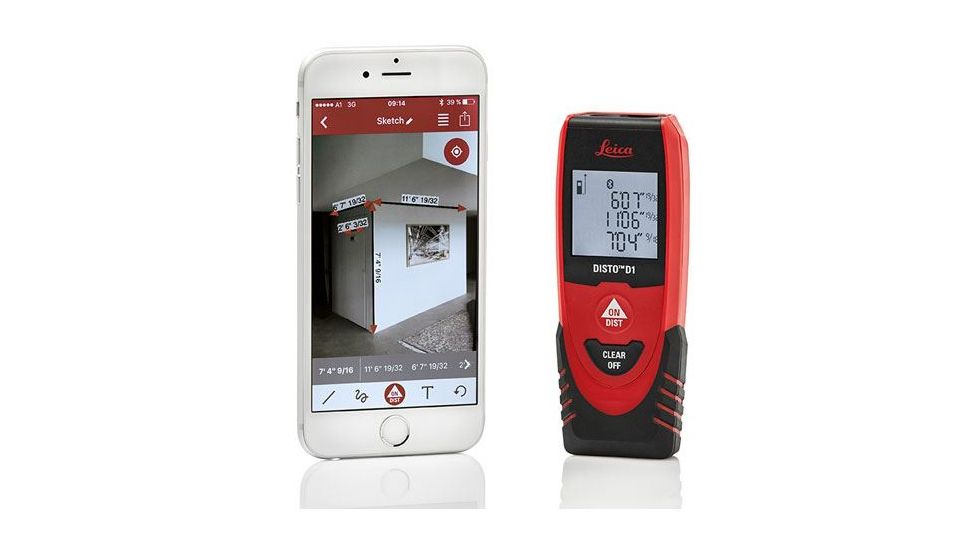 Leica DISTO D1 - Bluetooth 4.0, 130ft Range, 1/16in Accuracy, Works with Free DISTO Sketch App, Red/Black, 4.53in x 1.71in x 0.93in, NSN none, 846805