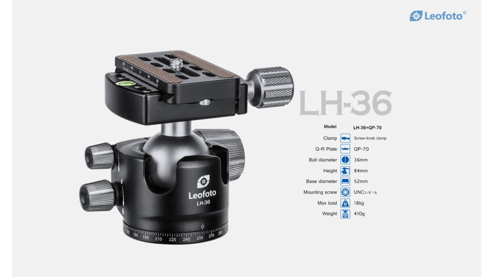 Leofoto LH-36 Low Profile Ball Head &amp; QR Plate, Arca, Black, LH-36