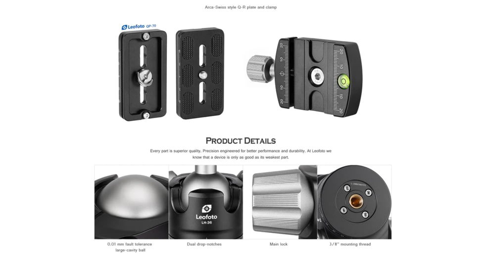 Leofoto LH-36 Low Profile Ball Head &amp; QR Plate, Arca, Black, LH-36