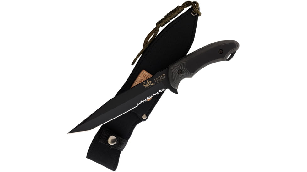 Linton Cutlery Black Powder Coated Fixed Blade Knife, 12in Overall, 7in Black Powder Partially Serrated Stainless Tanto Blade, Black Micarta Handle, Nylon Sheath, L93047