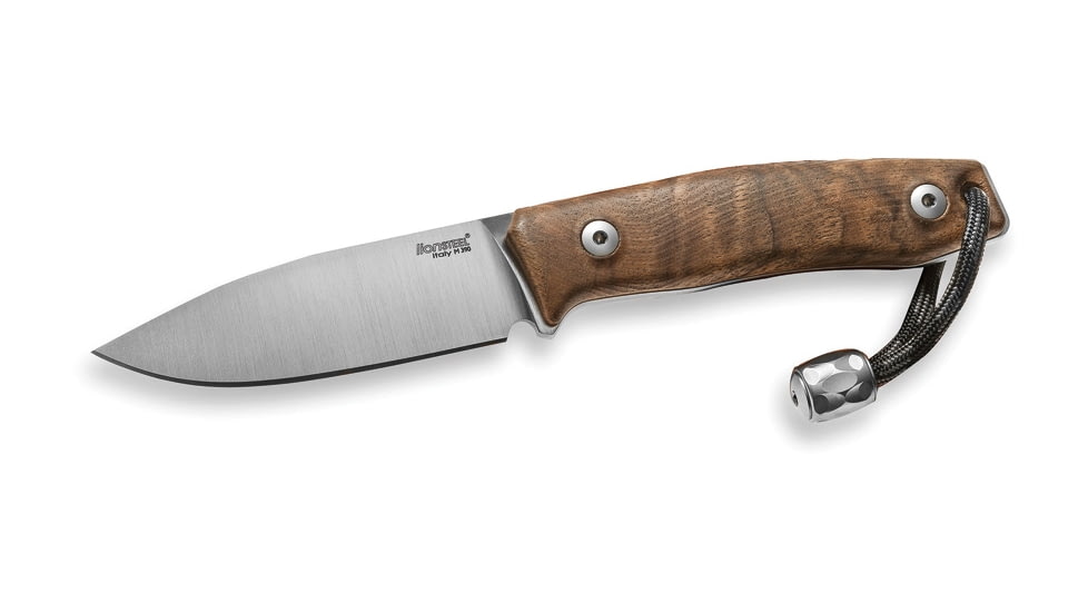 Lionsteel M1 Fixed Blade Walnut Knife, M1 Fixed Blade, 6.75in Overall, 3in Satin Bohler M390 SS Drop Point, Walnut Handle, Lanyard With Titanium Bead, Brown Leather Sheath, M1 WN