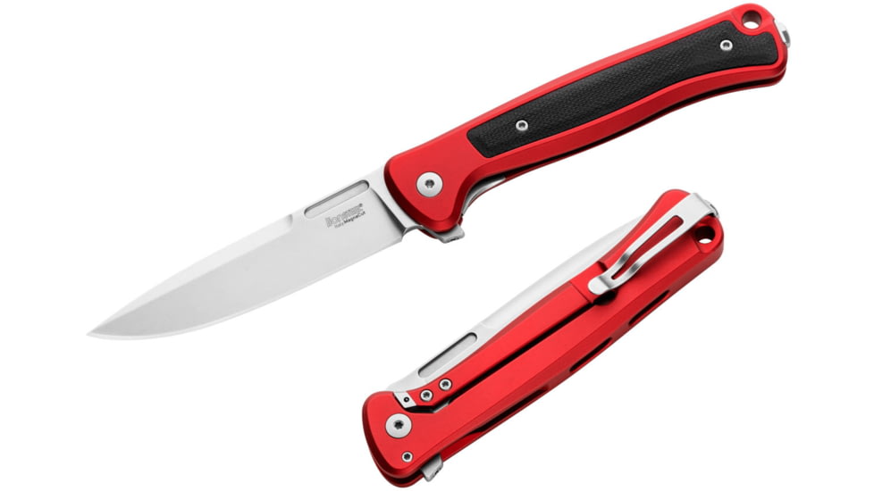 Lionsteel Skinny Framelock Folding Knife by Michele Pensato, 4.5in Closed, 3.5in Stonewash CPM MagnaCut Stainless Blade, Red Aluminum Handle, SK01ARS