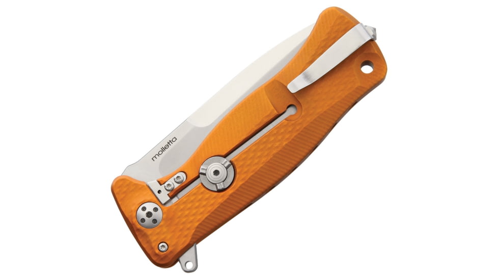 Lionsteel SR11 Framelock Folding Knife, 3.5in Satin Sleipner Tool Steel Drop Point, Orange Textured Aluminum Handle, Glass Breaker, Pocket Clip, SR11A OS