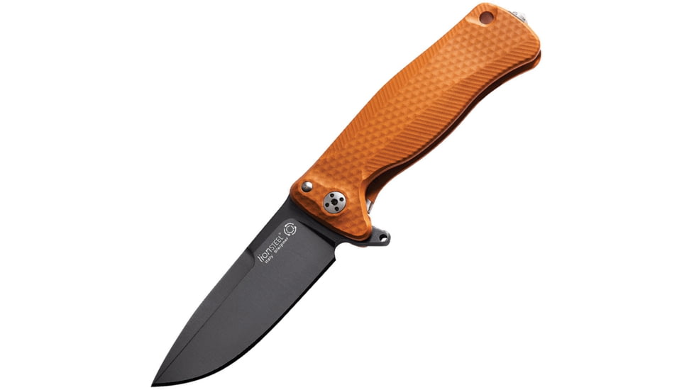 Lionsteel SR22 Framelock Folding Knife, 3in Black Oxide Coated Sleipner Tool Steel Drop Point, Orange Textured Aluminum Handle, Glass Breaker, Pocket Clip, SR22A OB