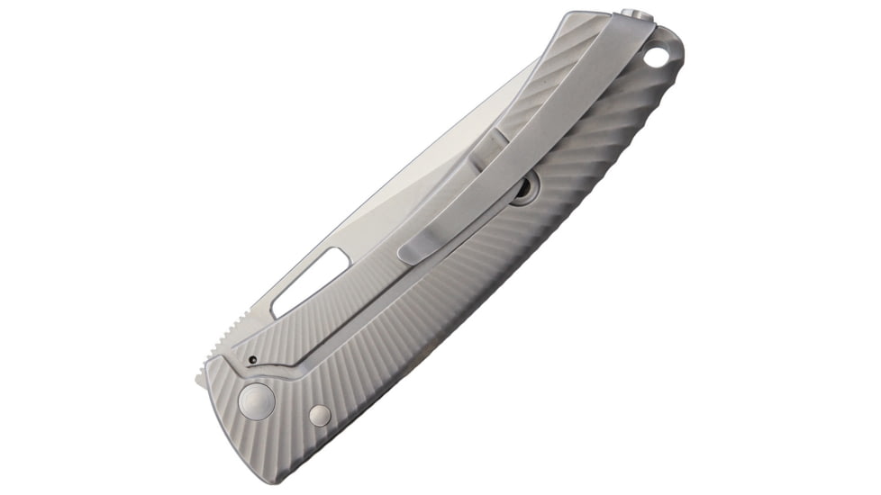 Lionsteel TiSpine Framelock Gray Matte Folding Knife, 3.25in Satin M390 SS Blade, Gray Sculpted Titanium Handle, Thumb Pull, Pocket Clip, Packaged In A Plexiglass Tube, Matte Finish Handle, TS1 GM