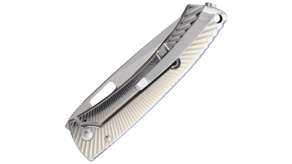 Lionsteel TiSpine Framelock Gray Shiny Folding Knife, 3.25in Satin M390 SS Blade, Gray Sculpted Titanium Handle, Thumb Pull, Pocket Clip, Packaged In A Plexiglass Tube, Shiny Finish Handle, TS1 GS