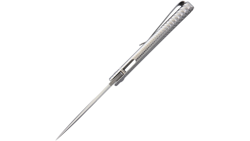 Lionsteel TiSpine Framelock Gray Shiny Folding Knife, 3.25in Satin M390 SS Blade, Gray Sculpted Titanium Handle, Thumb Pull, Pocket Clip, Packaged In A Plexiglass Tube, Shiny Finish Handle, TS1 GS