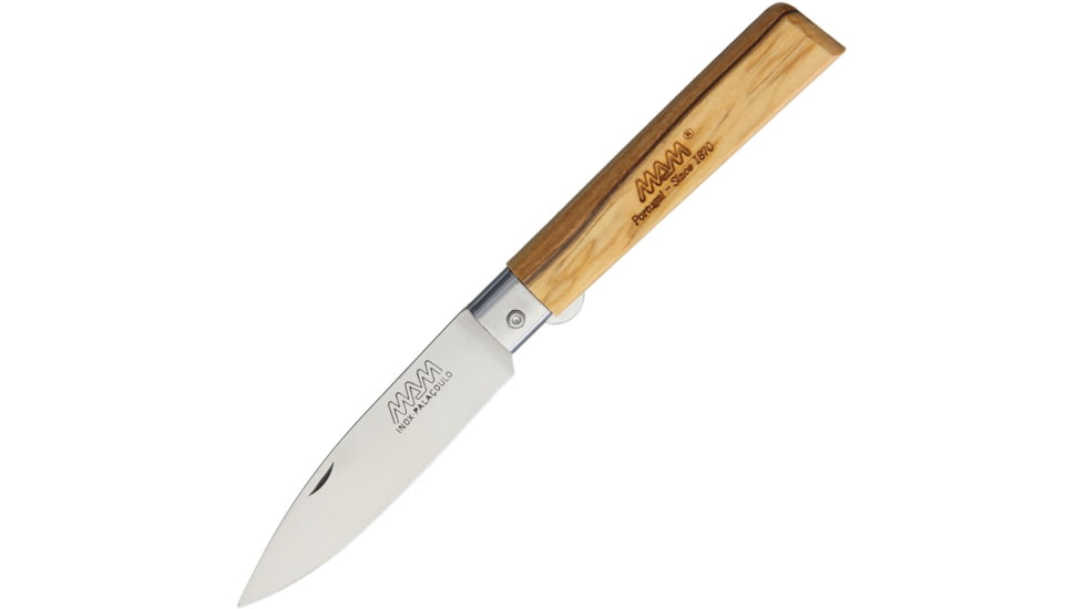 MAM Linerlock Drop Point Olive Folding Knife, 3in Satin SS Drop Point, Olive Wood Handle, SS Bolster, 2036OLIVESILVERRING-BOX