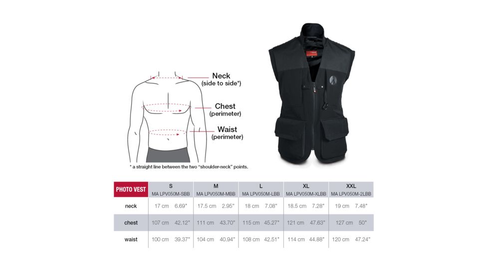 Manfrotto Lino Pro Photo Vest Fitting Chart