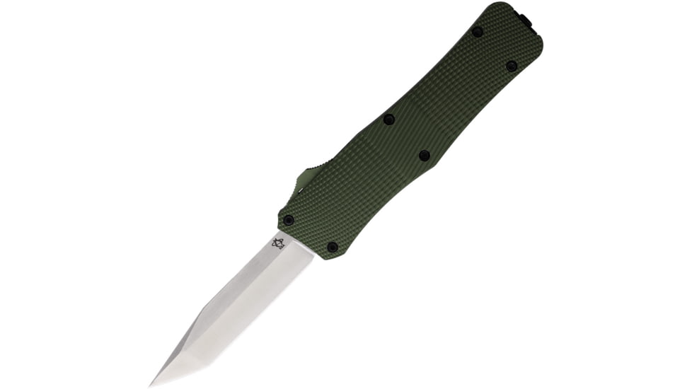 Mantis Auto OTF Automatic Folding Knife, 3.25in, 440C Stainless, Tanto Blade, Plain, Satin Finish, Green Checkered Aluminum Handle, OTF818GTANTO