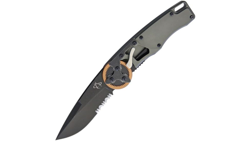 Mantis Gearhead Linerlock Copper Folding Knife, 3.38in Black Stonewash Partially Serrated M-Vx Tool Steel Drop Point, Gray Satin SS Handle, GH2021DPCS