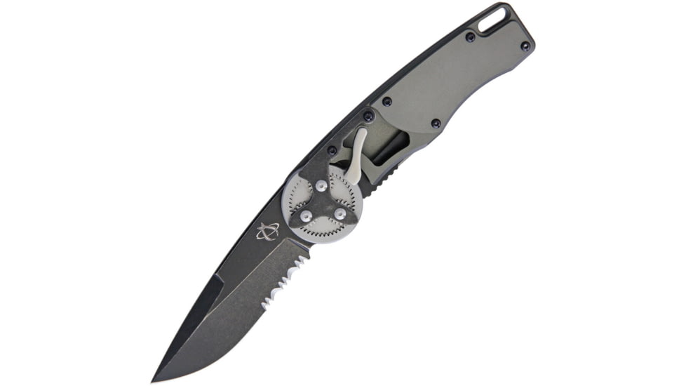 Mantis Gearhead Linerlock SW DP Folding Knife, 3.38in Black Stonewash Partially Serrated Drop Point, Gray Satin Handle, GH2020DPS