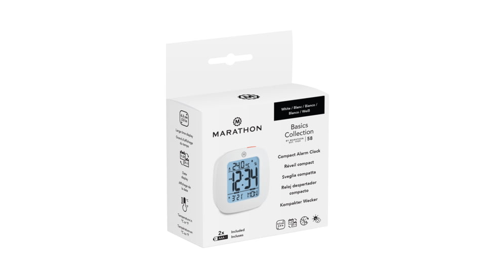 Marathon Compact Alarm Clock w/Temperature and Date, White, CL030058-WH-00-NA