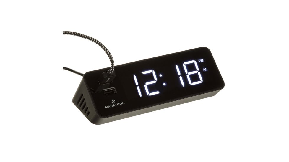 Marathon LED Alarm Clock w/Two USB Ports, Black CL030055BK