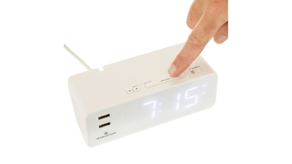 Marathon LED Alarm Clock w/Two USB Ports, White CL030055WH