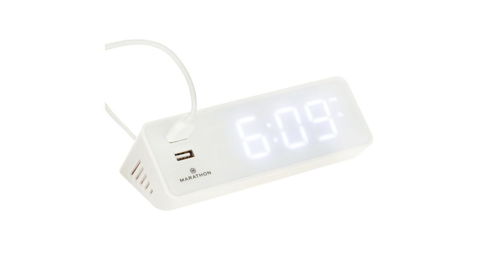 Marathon LED Alarm Clock w/Two USB Ports, White CL030055WH