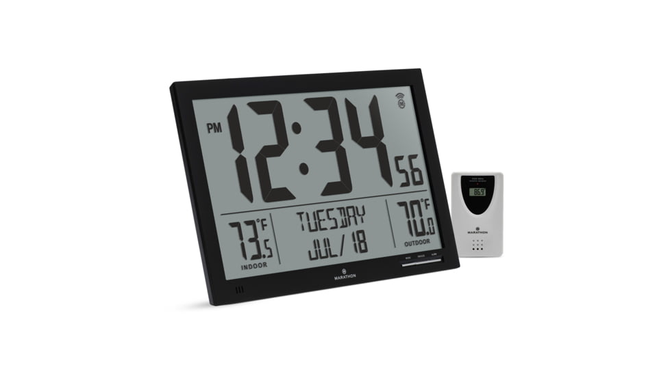 Marathon Slim Atomic Full Calendar Wall Clock w/ Indoor/Outdoor Temperature, Black, 14.6in x 1.2in x 9in, CL030066-BK-FD-NA